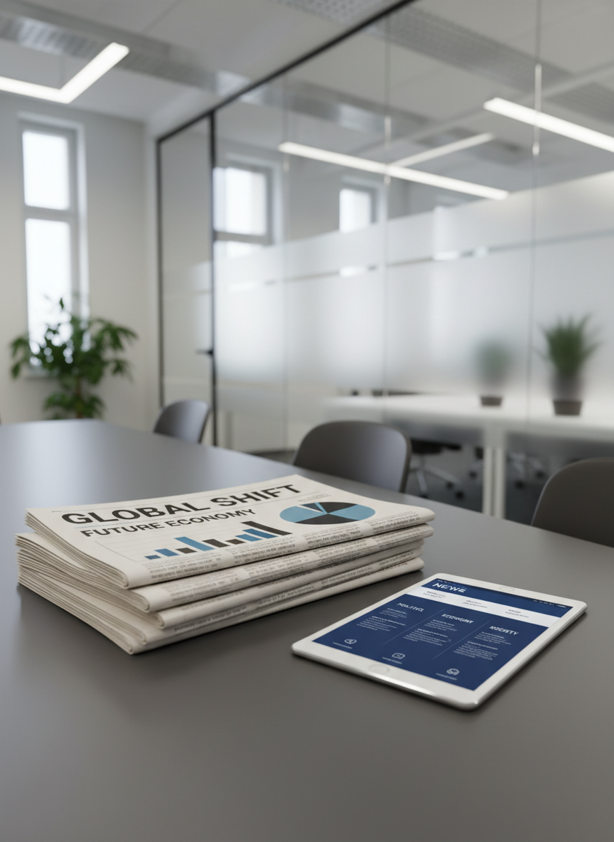 A stack of neatly arranged neutral-colored newspapers lies on a smooth, dark grey conference table, each front page dominated by bold, clean typography and minimalist infographics instead of photos. Next to the stack, a brushed steel tablet rests flat, displaying a digital news dashboard with sections for politics, economy, and society. In the background, blurred glass walls reveal a minimalist office interior with geometric patterns. Soft overhead office lighting combines with faint daylight from high windows, creating an evenly lit, composed scene. Shot from a low, slightly angled perspective, the composition emphasizes the evolution from print to digital journalism. The mood is serious, modern, and objective, with a structured, corporate photographic style.